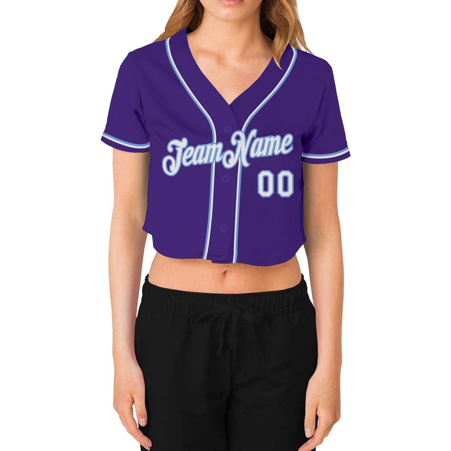 Custom Women's Purple White-Light Blue V-Neck Cropped Baseball Jersey view 2