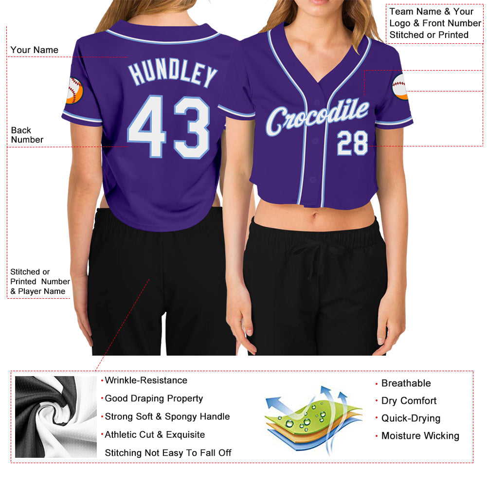 Custom Women's Purple White-Light Blue V-Neck Cropped Baseball Jersey view 3