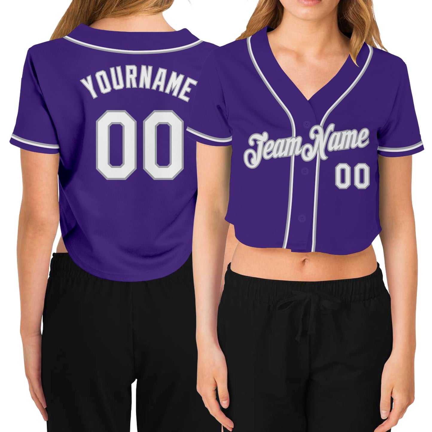 Custom Women's Purple White-Gray V-Neck Cropped Baseball Jersey - Main View