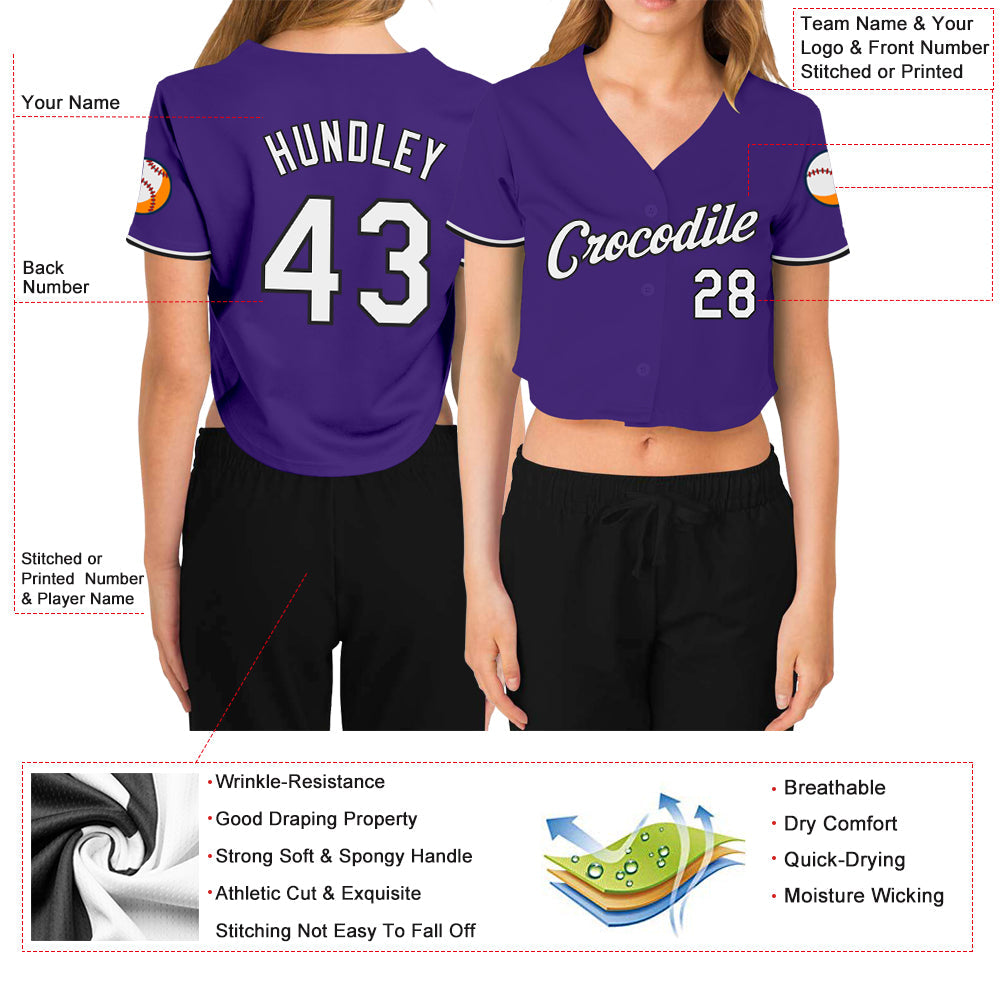 Custom Women's Purple White-Black V-Neck Cropped Baseball Jersey view 3