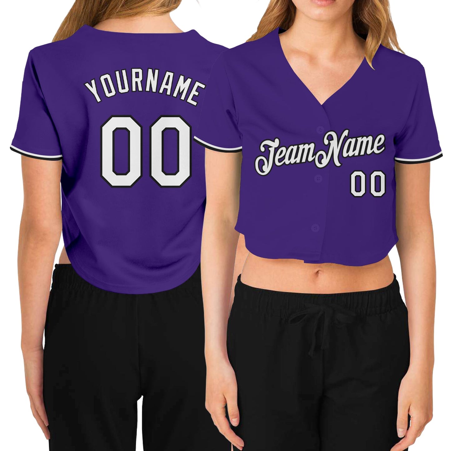 Custom Women's Purple White-Black V-Neck Cropped Baseball Jersey - Main View