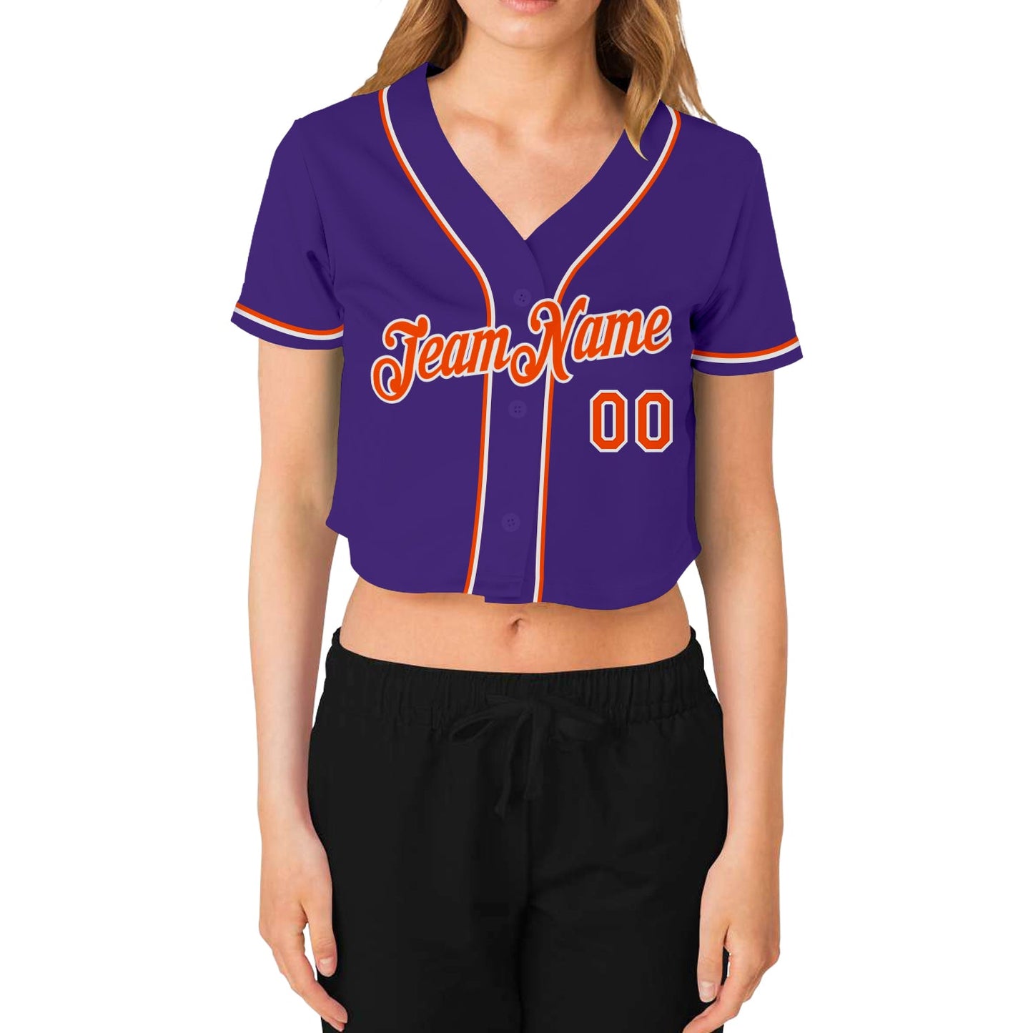 Custom Women's Purple Orange-White V-Neck Cropped Baseball Jersey view 2