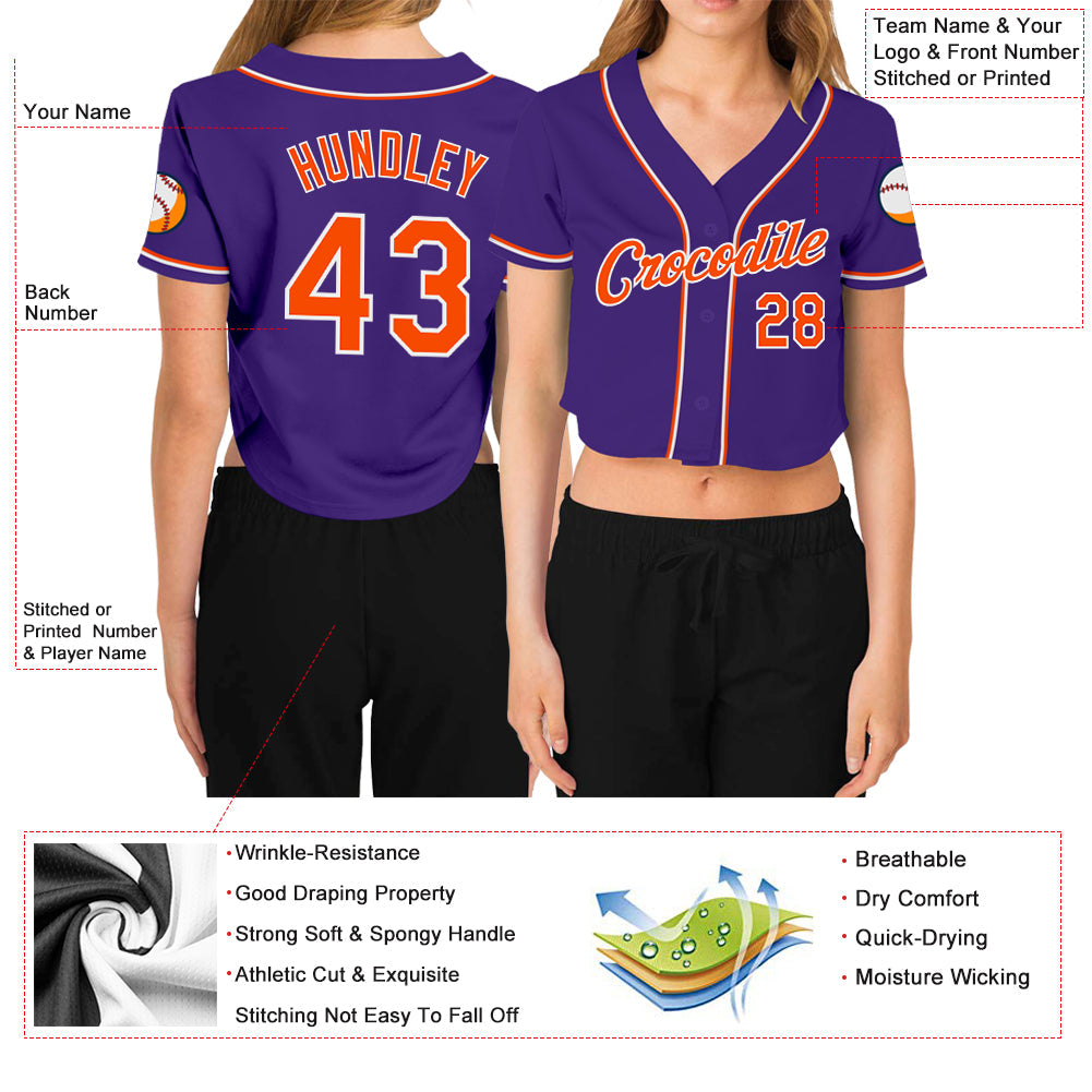 Custom Women's Purple Orange-White V-Neck Cropped Baseball Jersey view 3