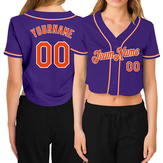 Custom Women's Purple Orange-White V-Neck Cropped Baseball Jersey - Main View