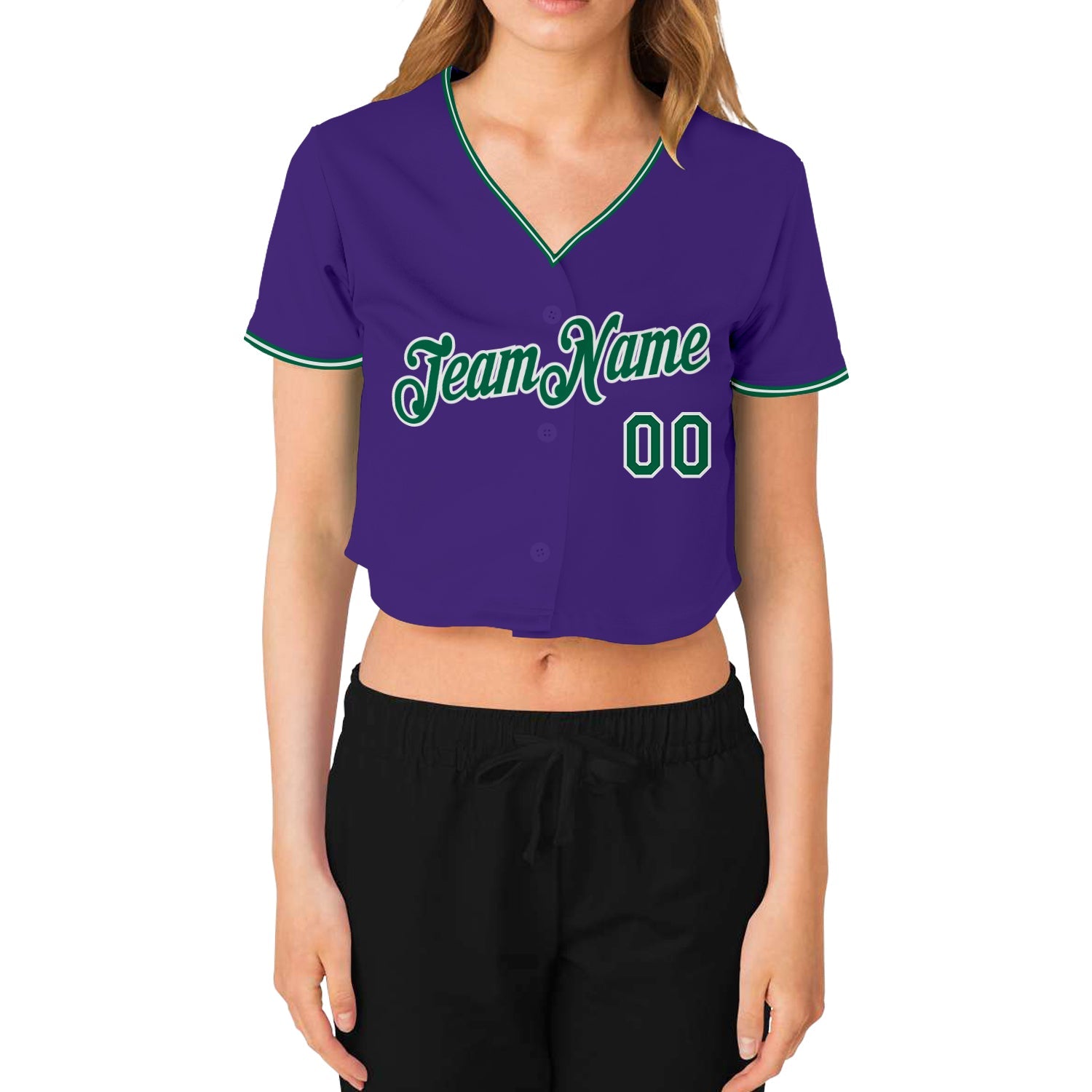 Custom Women's Purple Kelly Green-White V-Neck Cropped Baseball Jersey view 2