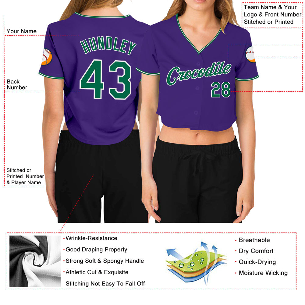 Custom Women's Purple Kelly Green-White V-Neck Cropped Baseball Jersey view 3