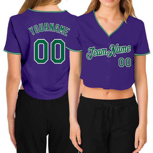 Custom Women's Purple Kelly Green-White V-Neck Cropped Baseball Jersey - Main View