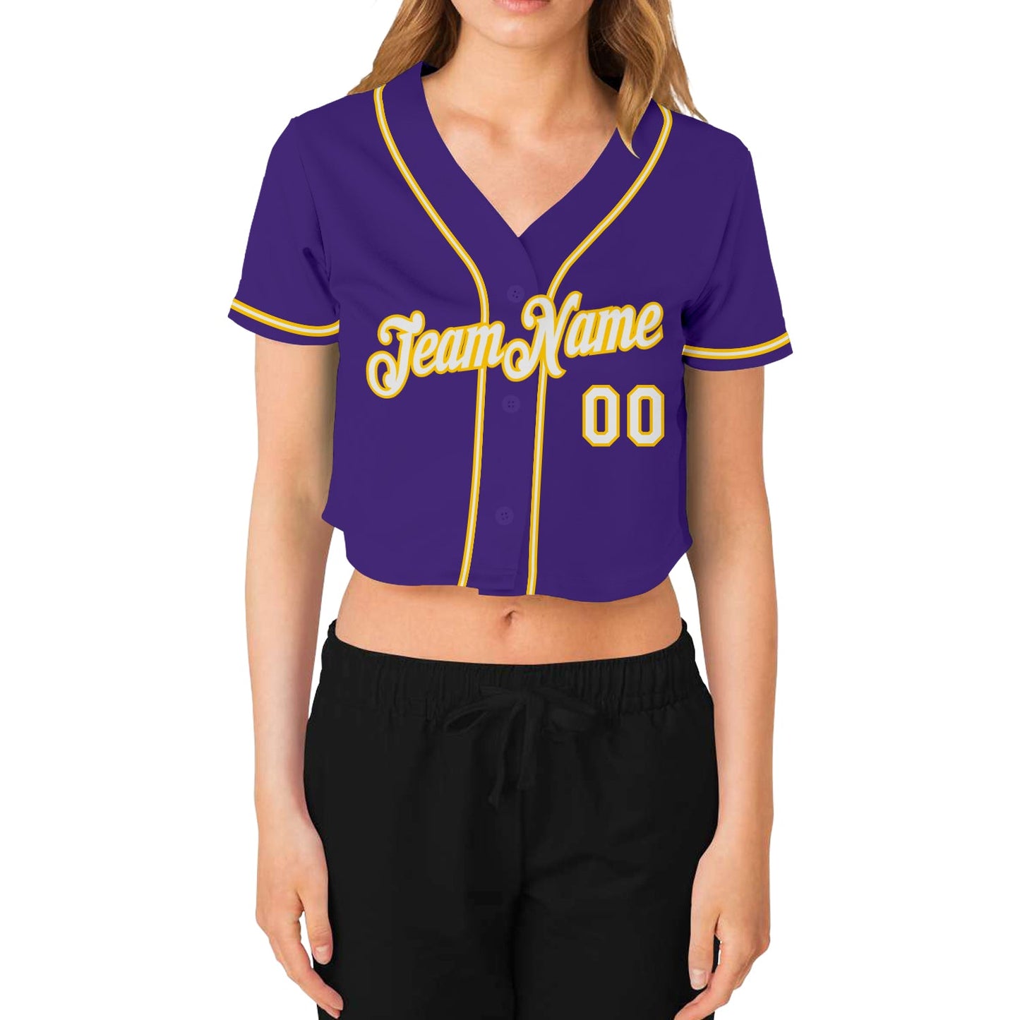 Custom Women's Purple White-Gold V-Neck Cropped Baseball Jersey view 2