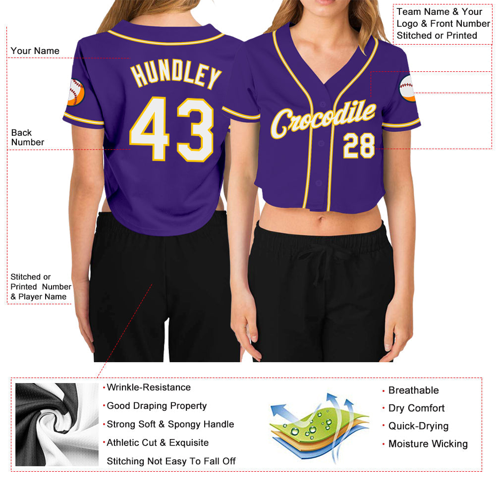 Custom Women's Purple White-Gold V-Neck Cropped Baseball Jersey view 3