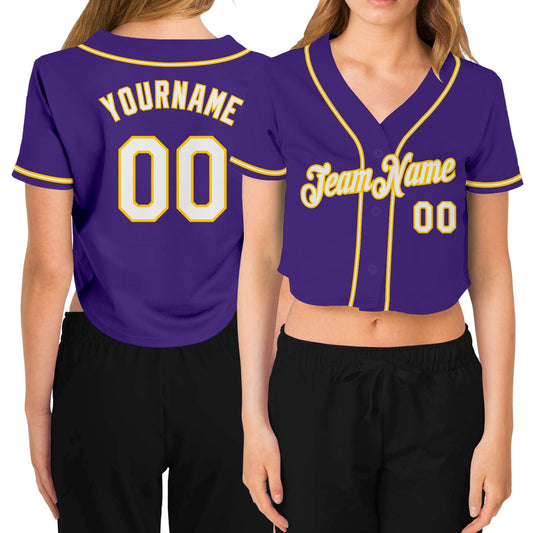 Custom Women's Purple White-Gold V-Neck Cropped Baseball Jersey - Main View