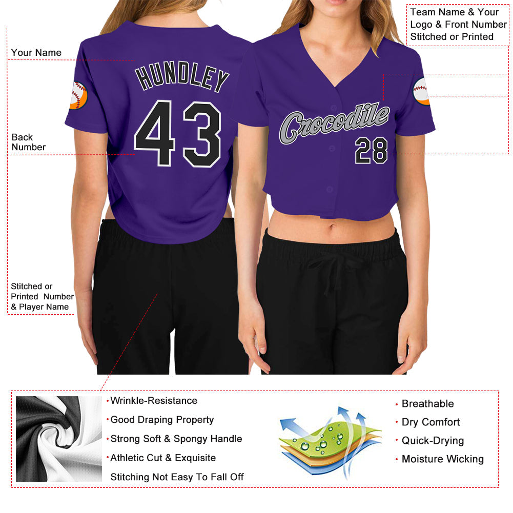 Custom Women's Purple Black White-Gray V-Neck Cropped Baseball Jersey view 3