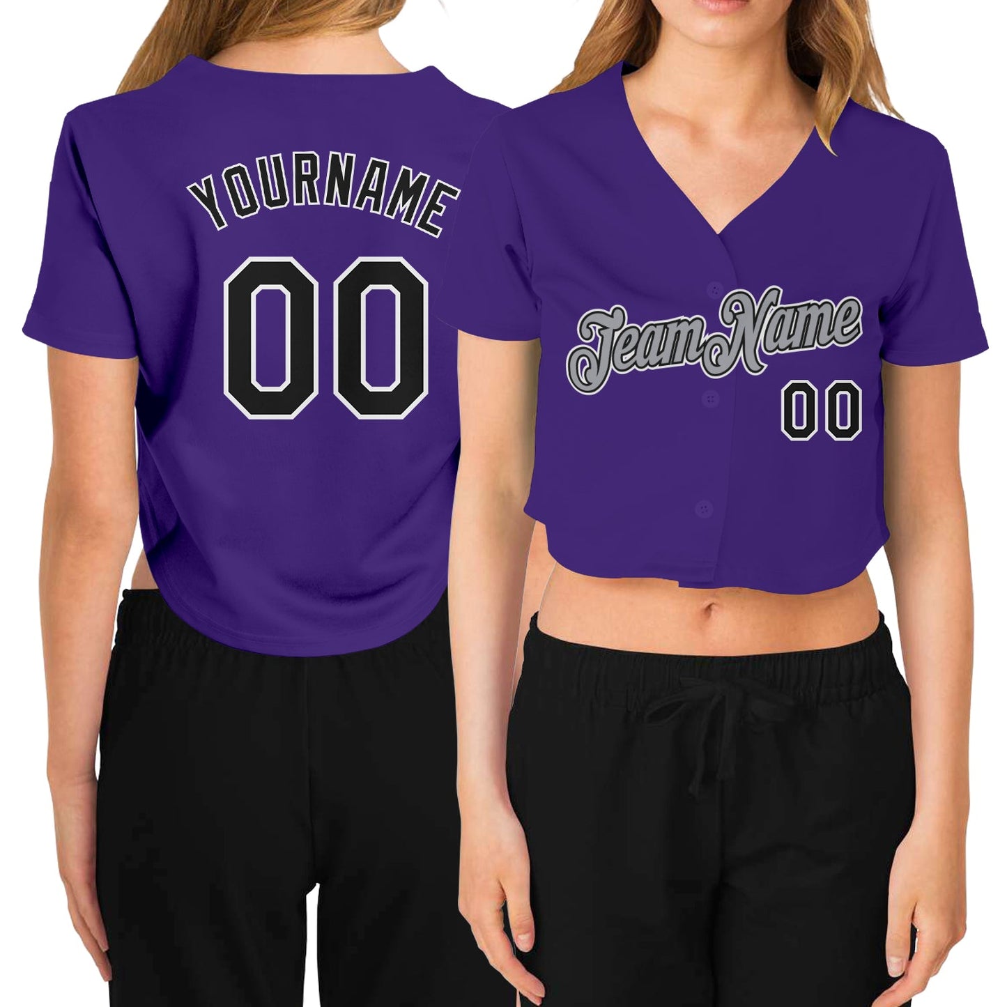 Custom Women's Purple Black White-Gray V-Neck Cropped Baseball Jersey - Main View