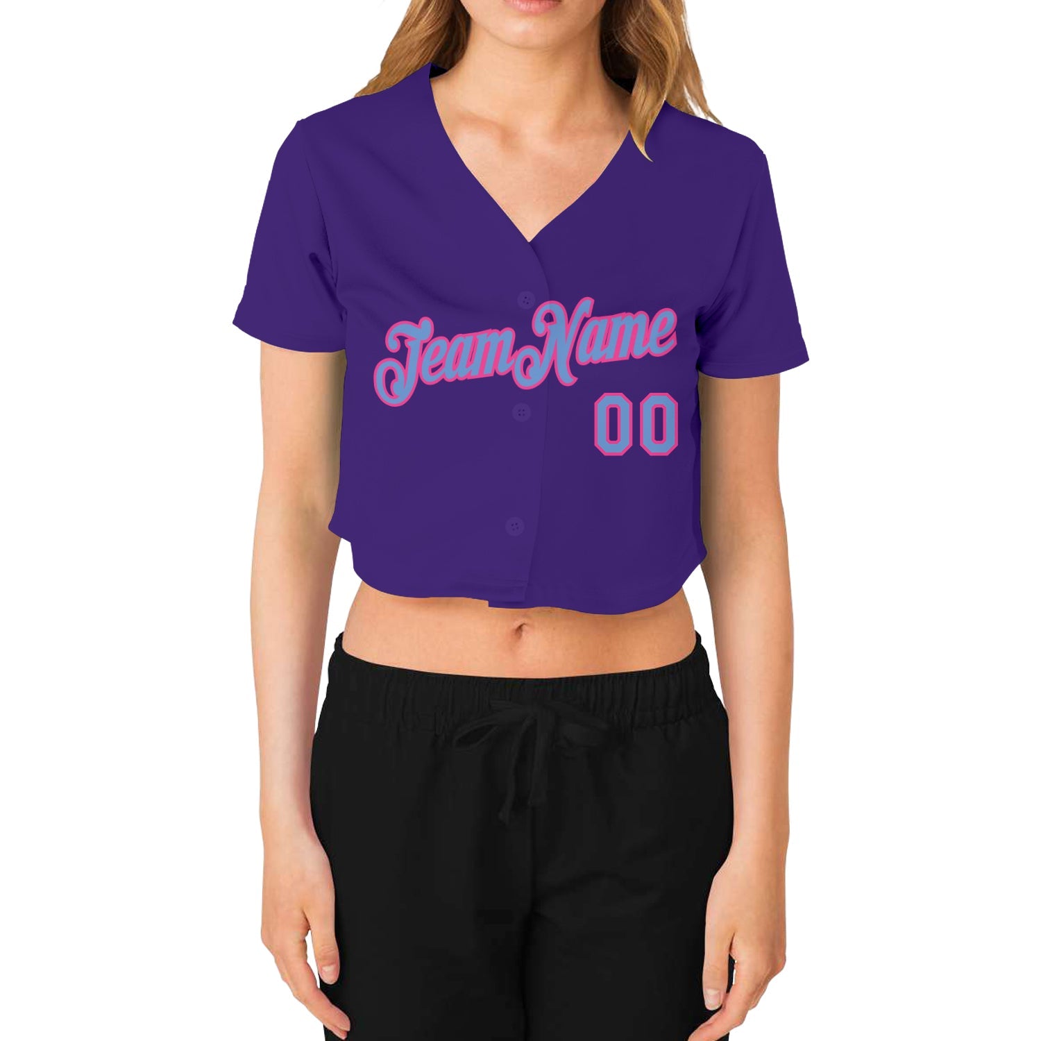 Custom Women's Purple Light Blue-Pink V-Neck Cropped Baseball Jersey view 2