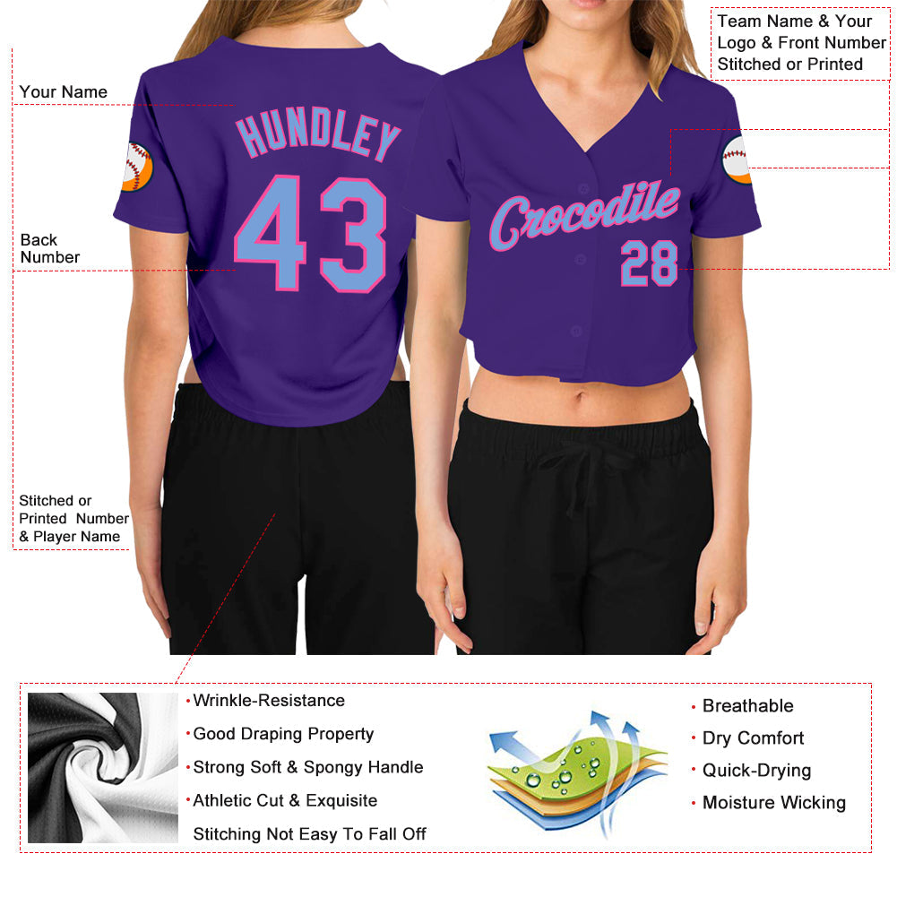 Custom Women's Purple Light Blue-Pink V-Neck Cropped Baseball Jersey view 3