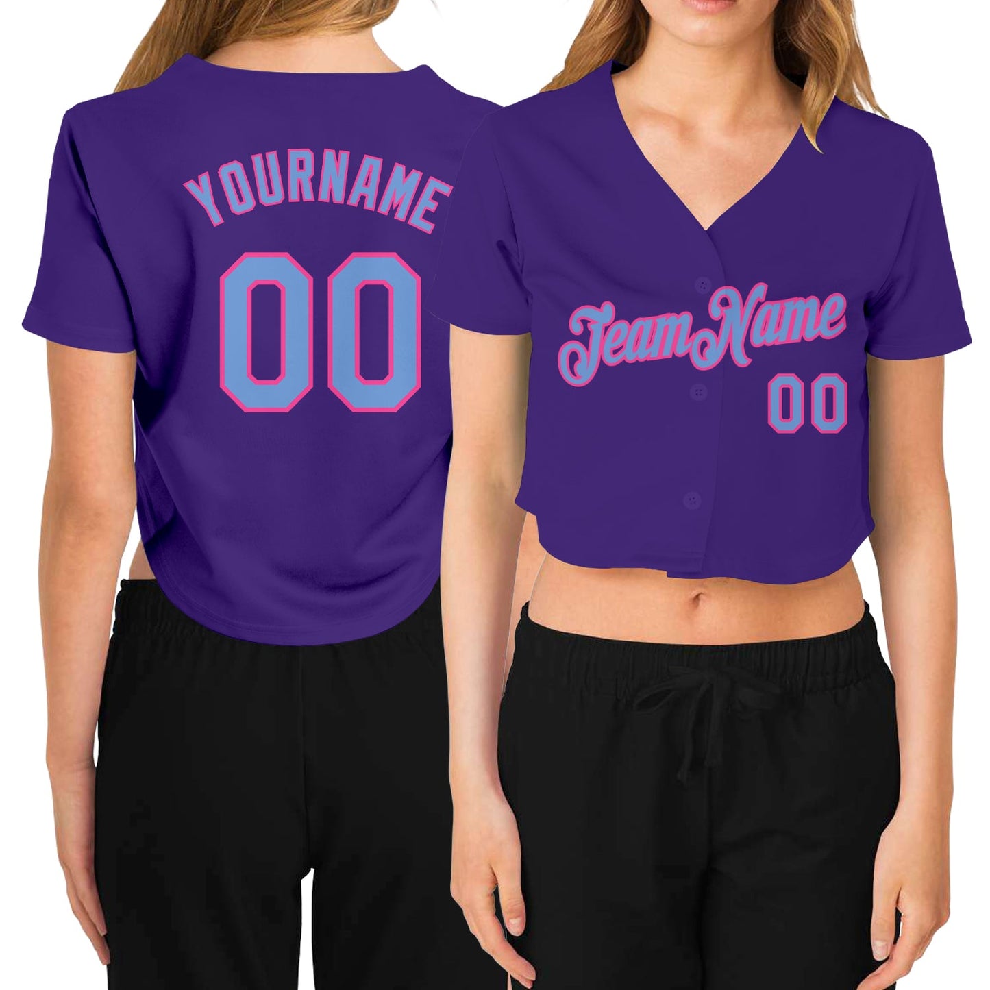 Custom Women's Purple Light Blue-Pink V-Neck Cropped Baseball Jersey - Main View