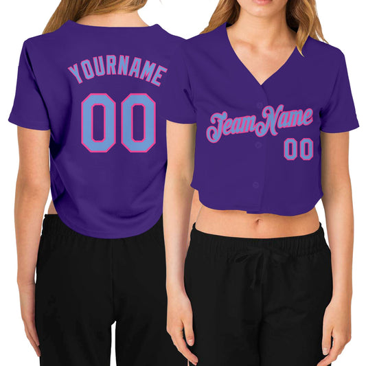 Custom Women's Purple Light Blue-Pink V-Neck Cropped Baseball Jersey - Main View