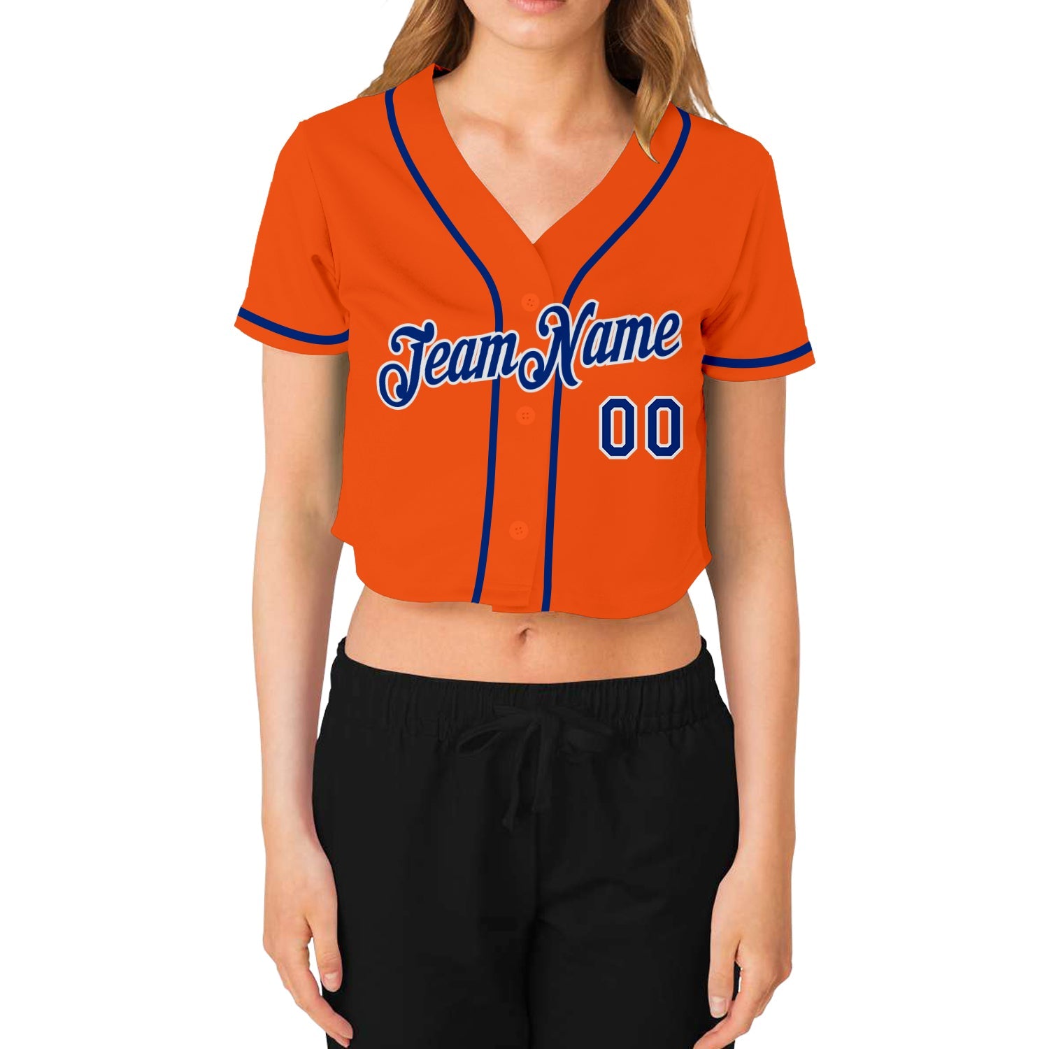 Custom Women's Orange Royal-White V-Neck Cropped Baseball Jersey view 2