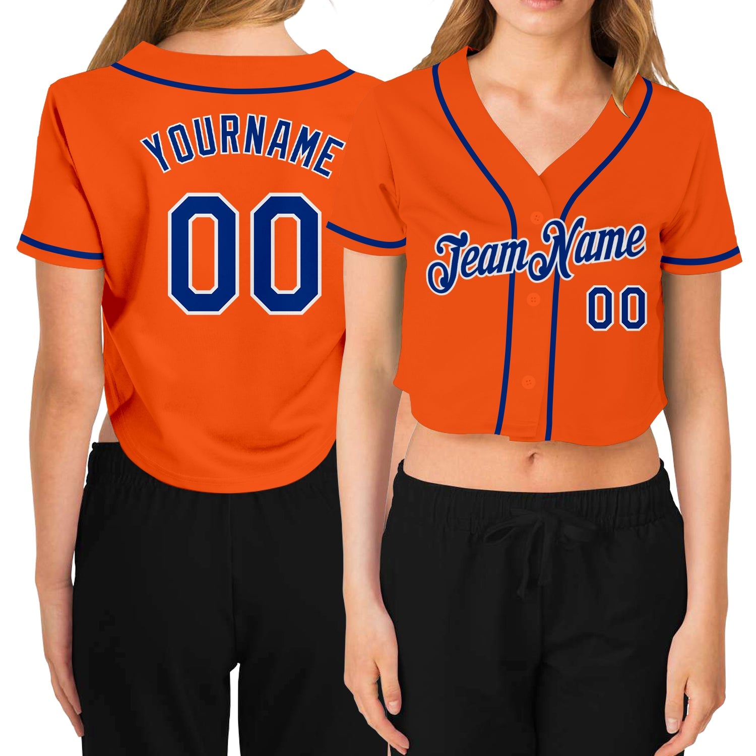 Custom Women's Orange Royal-White V-Neck Cropped Baseball Jersey - Main View