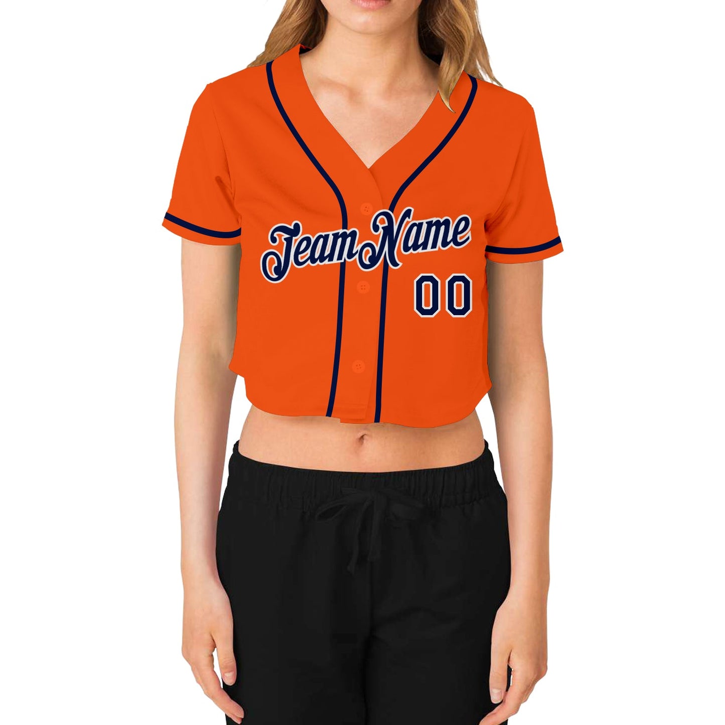 Custom Women's Orange Navy-White V-Neck Cropped Baseball Jersey view 2