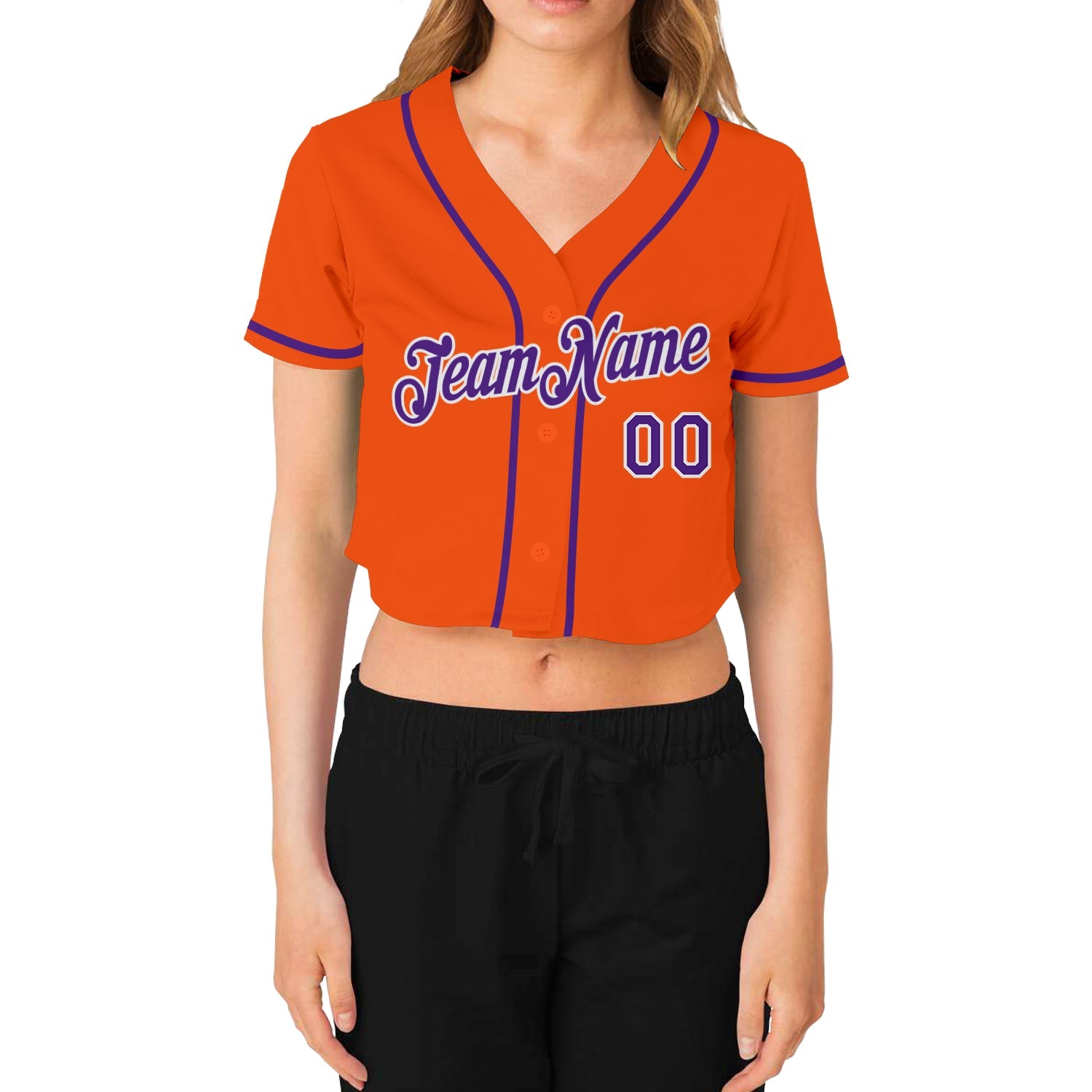 Custom Women's Orange Purple-White V-Neck Cropped Baseball Jersey view 2