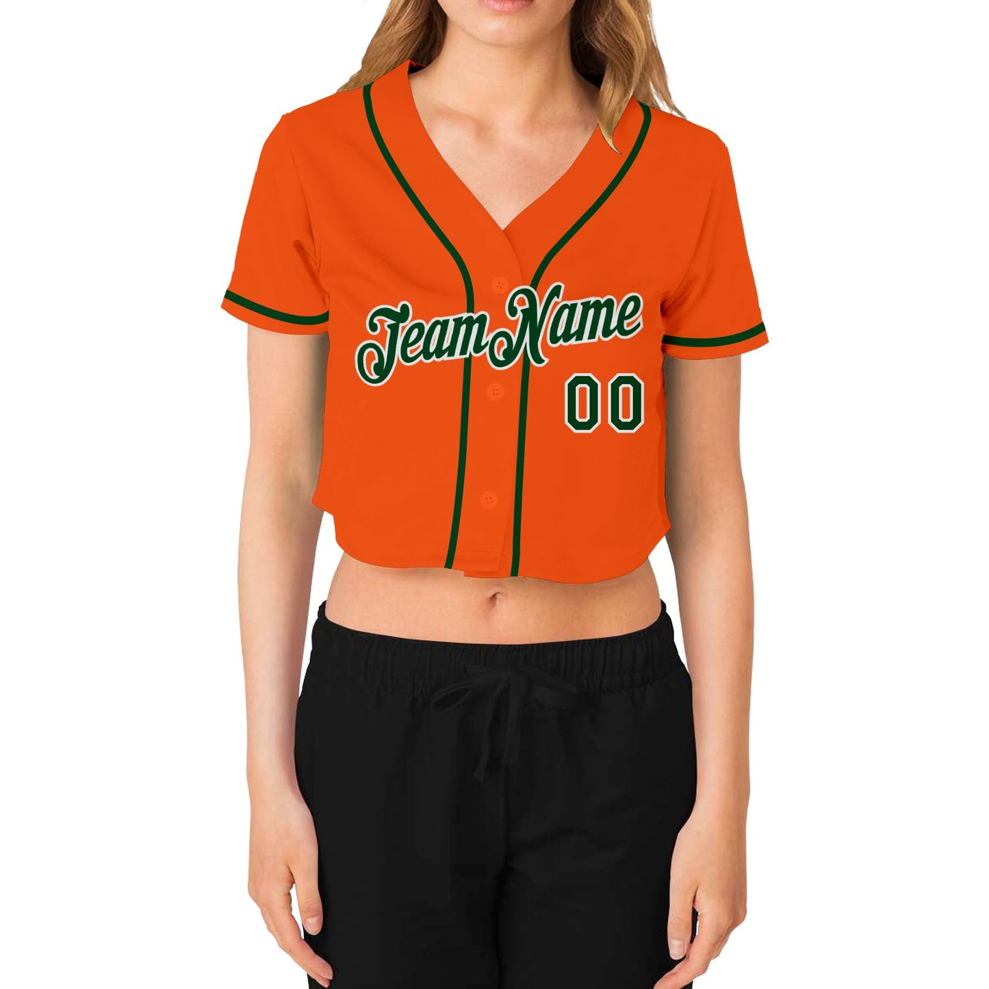 Custom Women's Orange Green-White V-Neck Cropped Baseball Jersey view 2