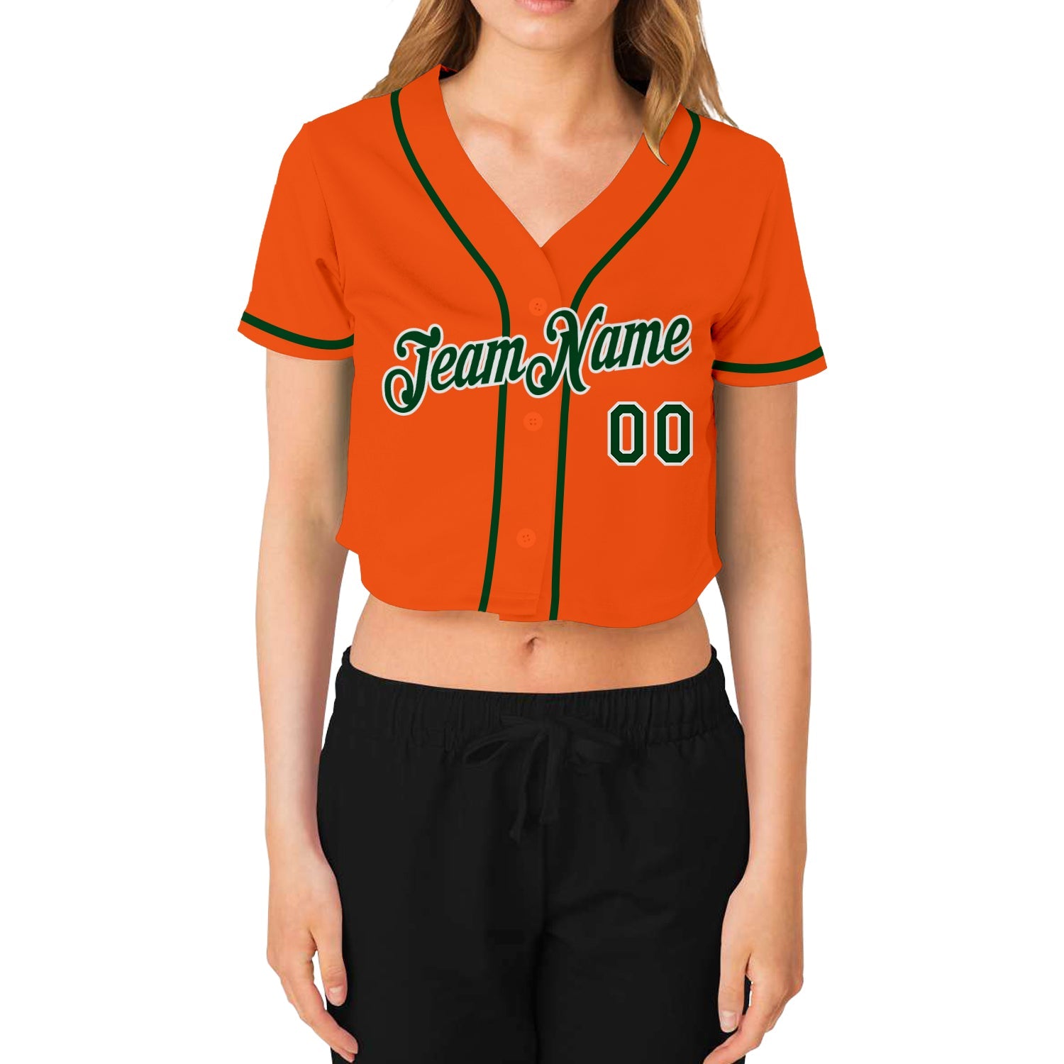Custom Women's Orange Green-White V-Neck Cropped Baseball Jersey view 2