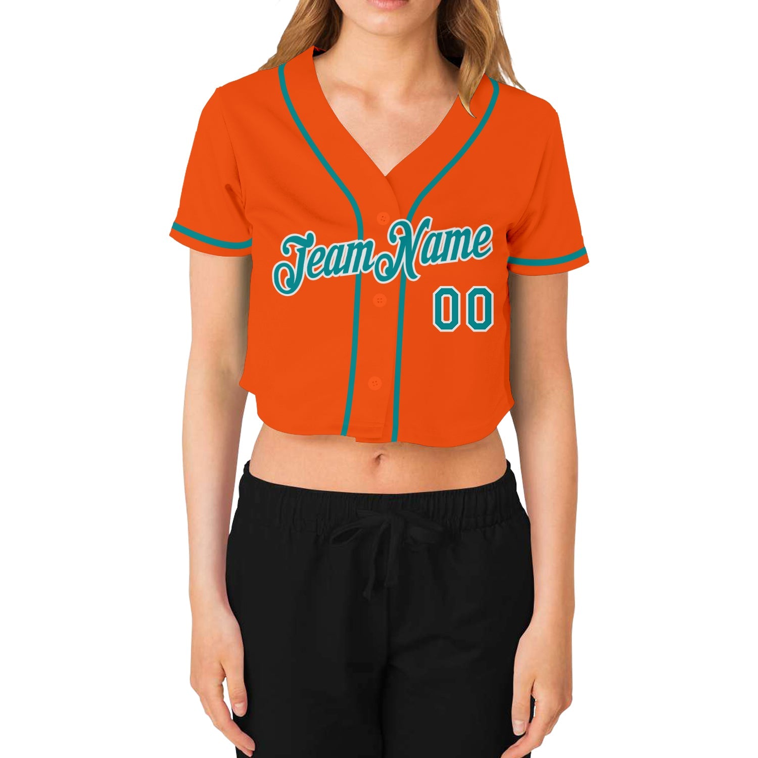 Custom Women's Orange Aqua-White V-Neck Cropped Baseball Jersey view 2