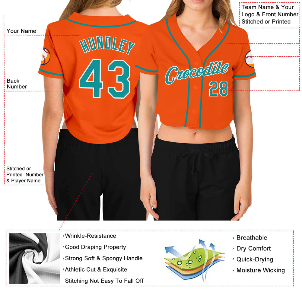 Custom Women's Orange Aqua-White V-Neck Cropped Baseball Jersey view 3