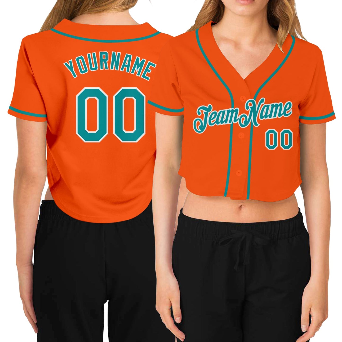 Custom Women's Orange Aqua-White V-Neck Cropped Baseball Jersey - Main View