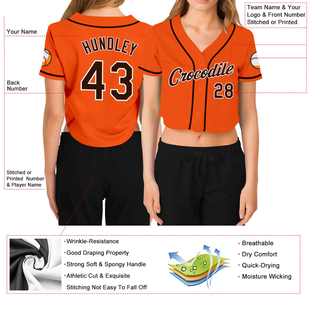 Custom Women's Orange Brown-White V-Neck Cropped Baseball Jersey view 3