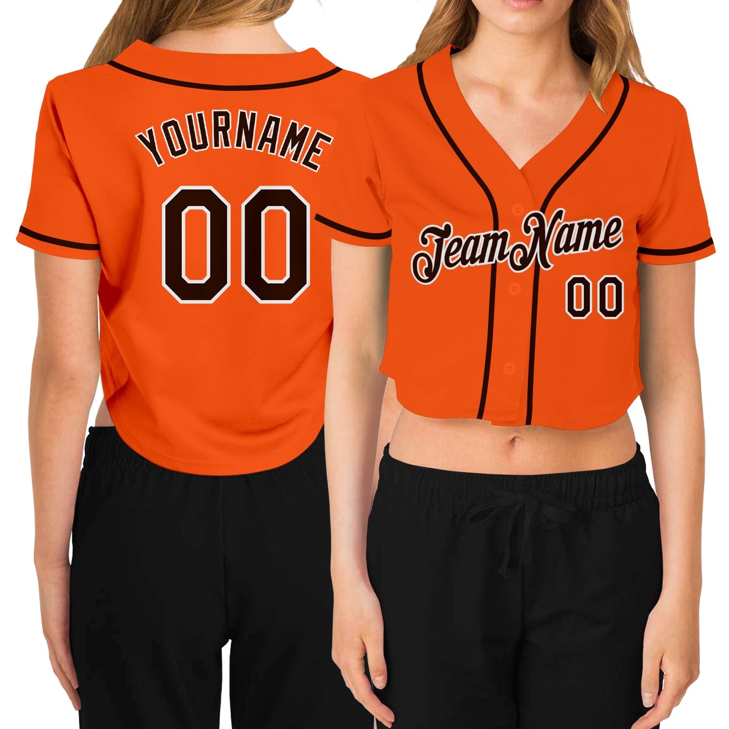 Custom Women's Orange Brown-White V-Neck Cropped Baseball Jersey - Main View