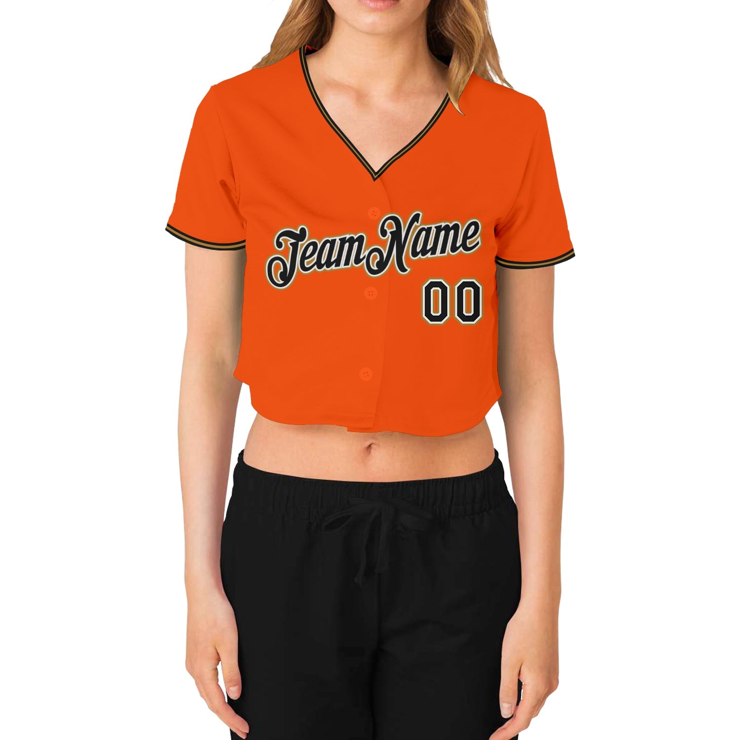 Custom Women's Orange Black Old Gold-White V-Neck Cropped Baseball Jersey view 2