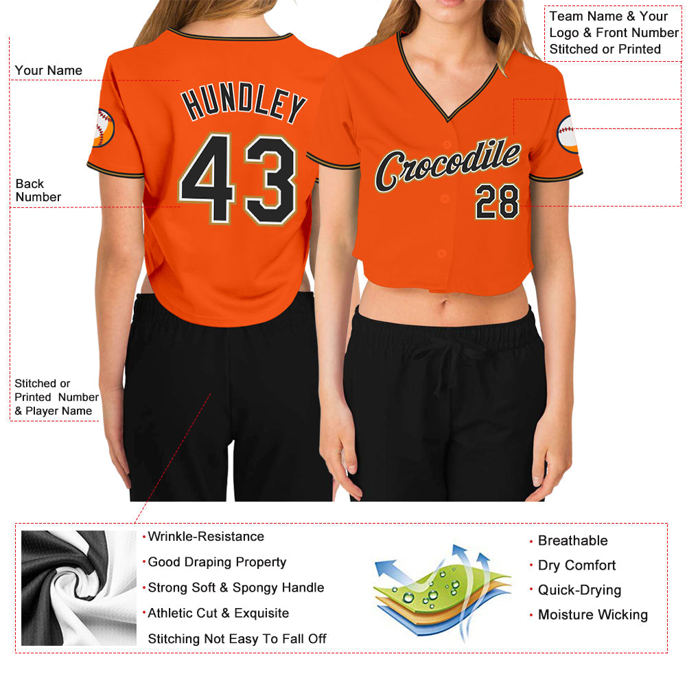 Custom Women's Orange Black Old Gold-White V-Neck Cropped Baseball Jersey view 3