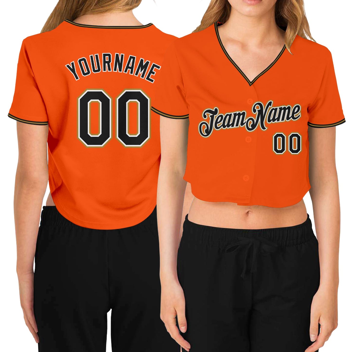 Custom Women's Orange Black Old Gold-White V-Neck Cropped Baseball Jersey - Main View