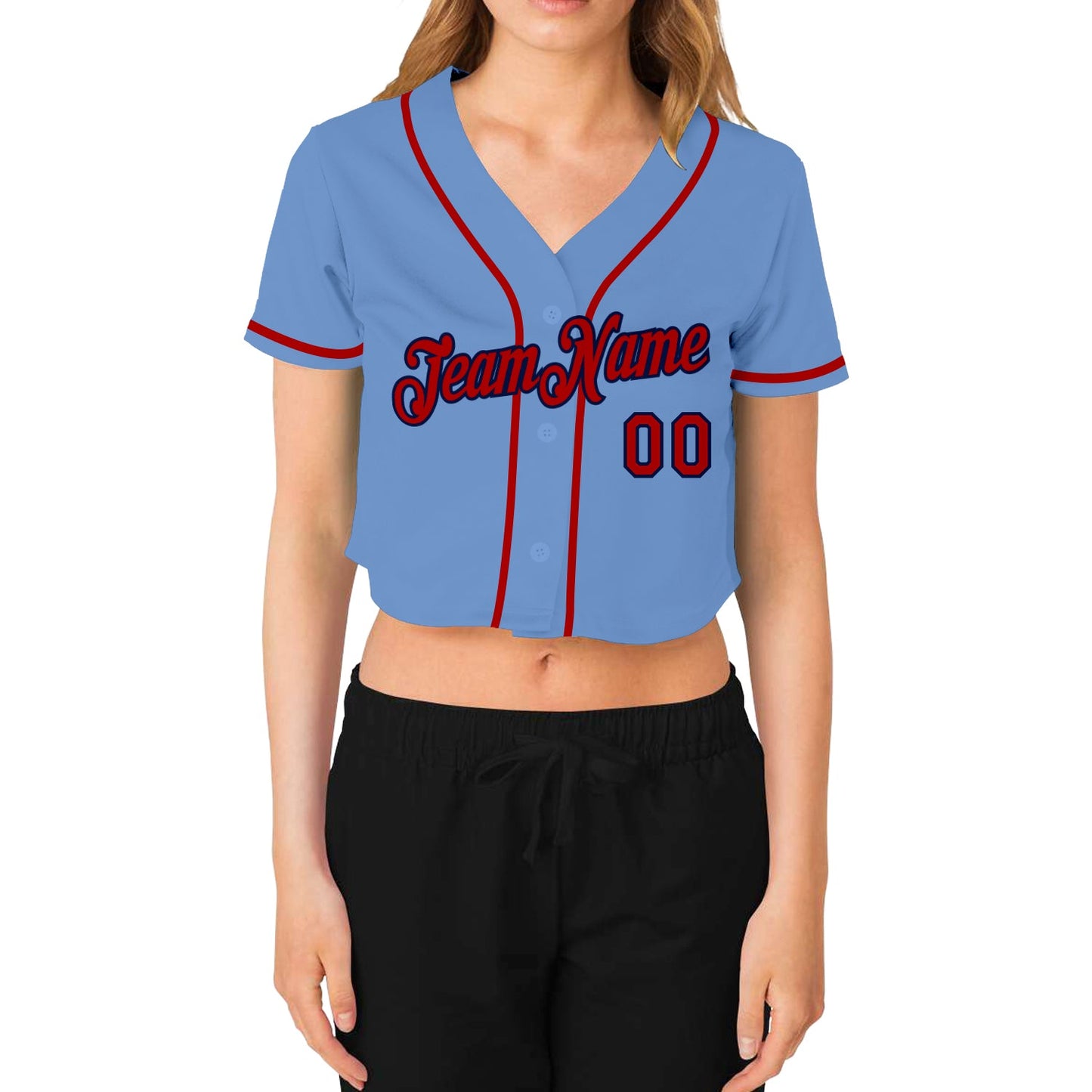 Custom Women's Light Blue Red-Navy V-Neck Cropped Baseball Jersey view 2