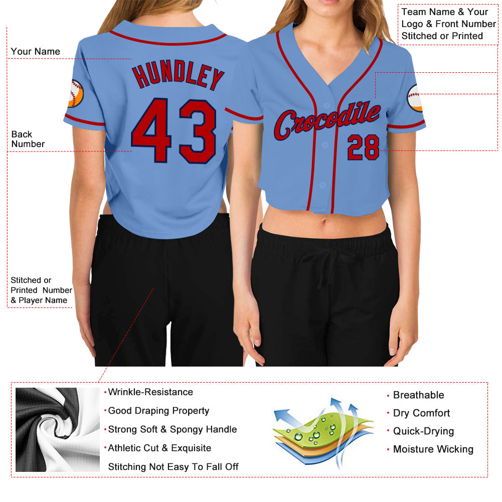 Custom Women's Light Blue Red-Navy V-Neck Cropped Baseball Jersey view 3
