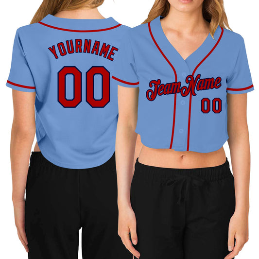 Custom Women's Light Blue Red-Navy V-Neck Cropped Baseball Jersey - Main View