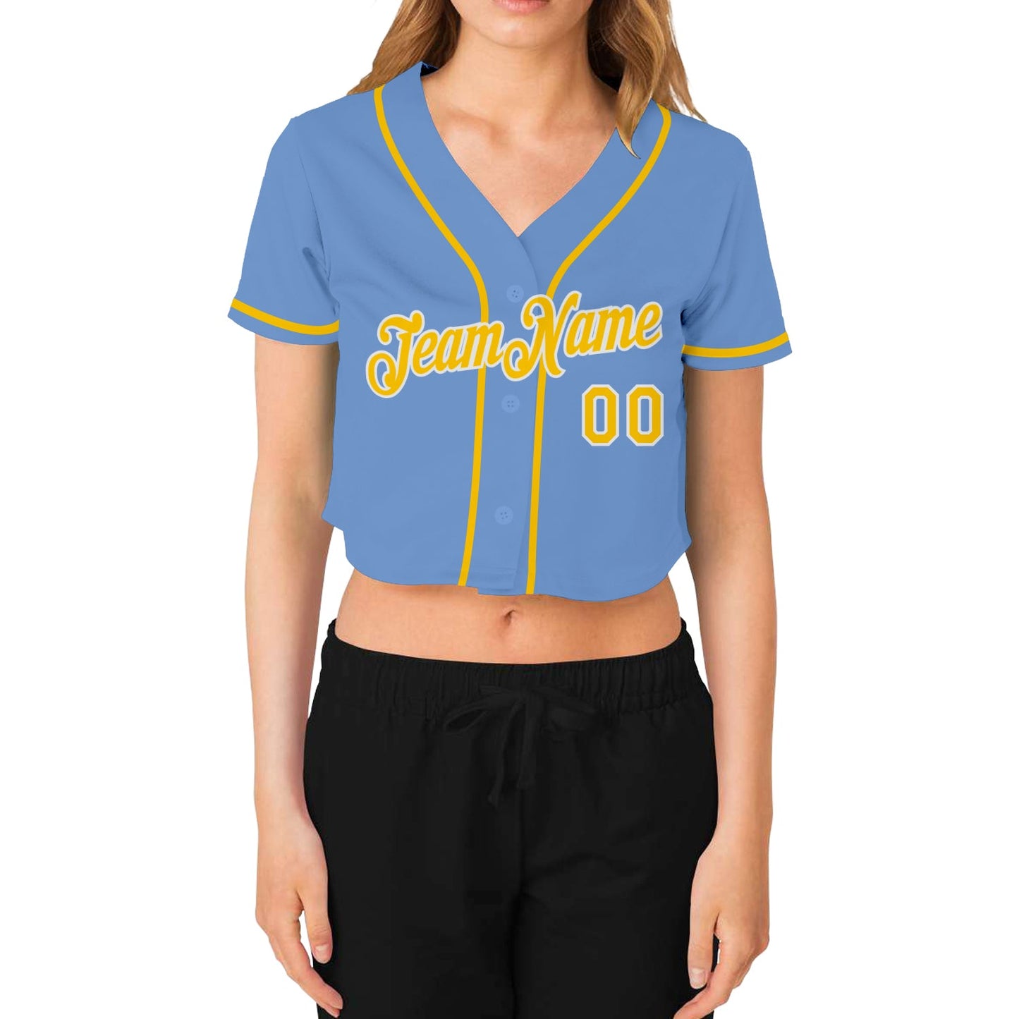 Custom Women's Light Blue Gold-White V-Neck Cropped Baseball Jersey view 2