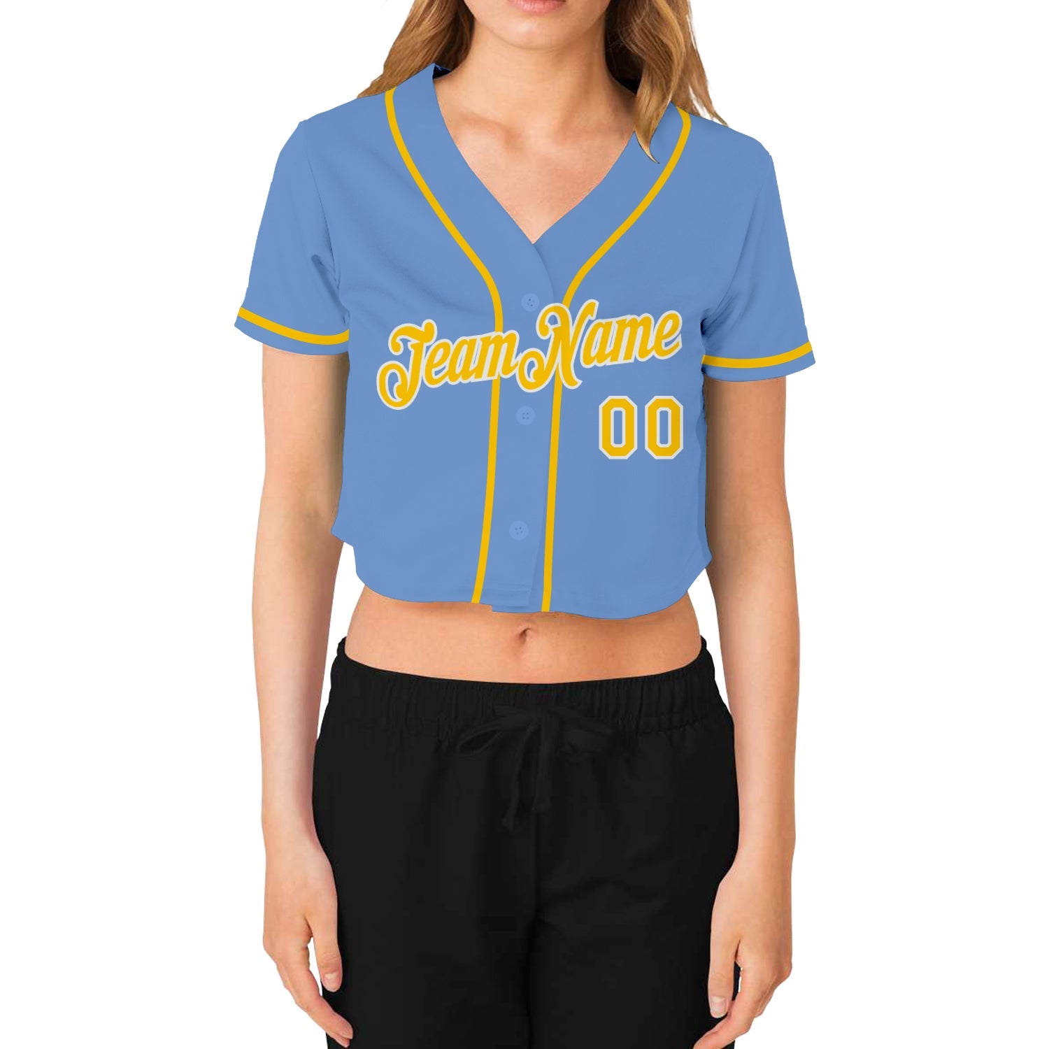 Custom Women's Light Blue Gold-White V-Neck Cropped Baseball Jersey view 2