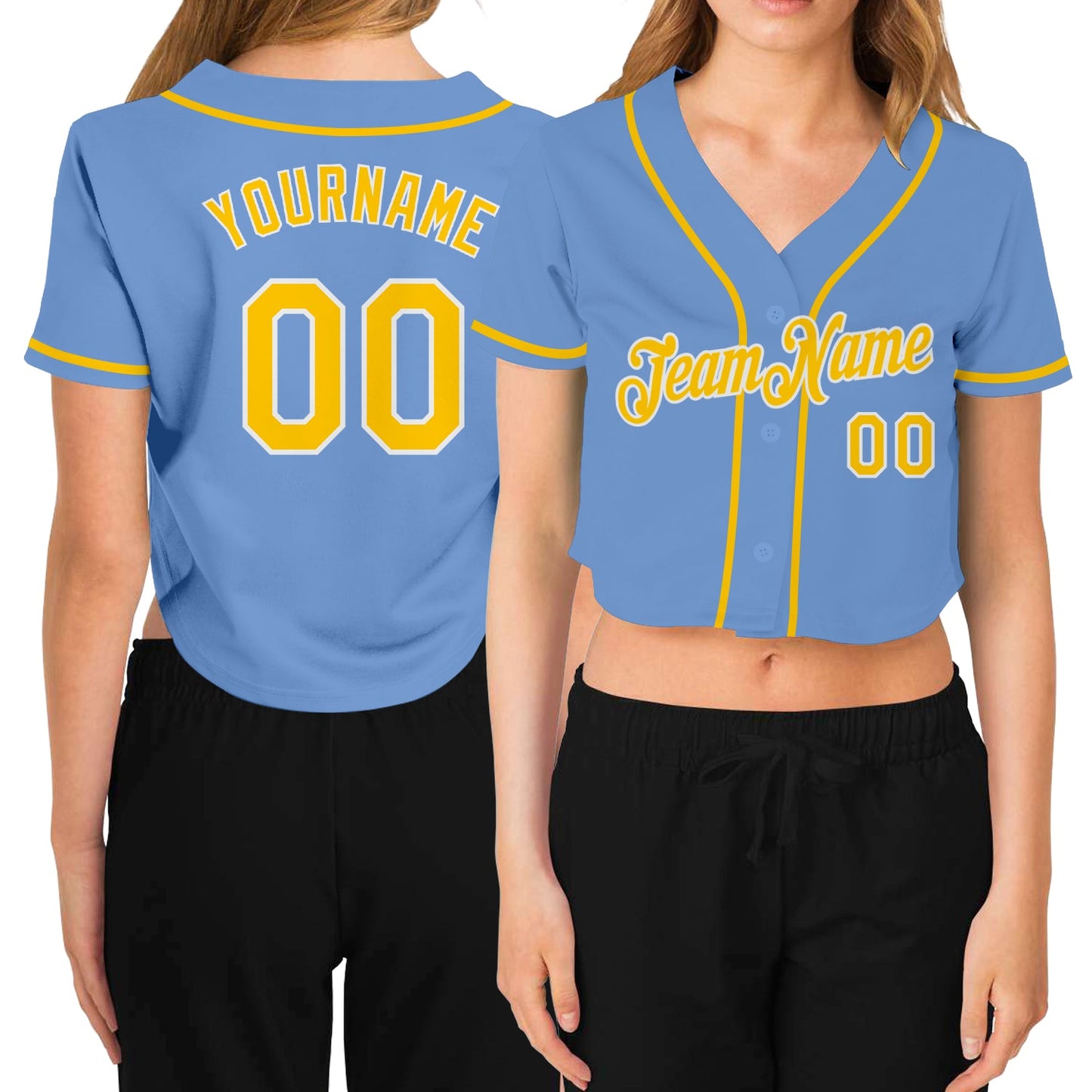 Custom Women's Light Blue Gold-White V-Neck Cropped Baseball Jersey - Main View