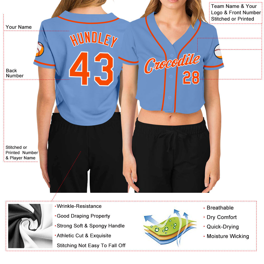 Custom Women's Light Blue Orange-White V-Neck Cropped Baseball Jersey view 3