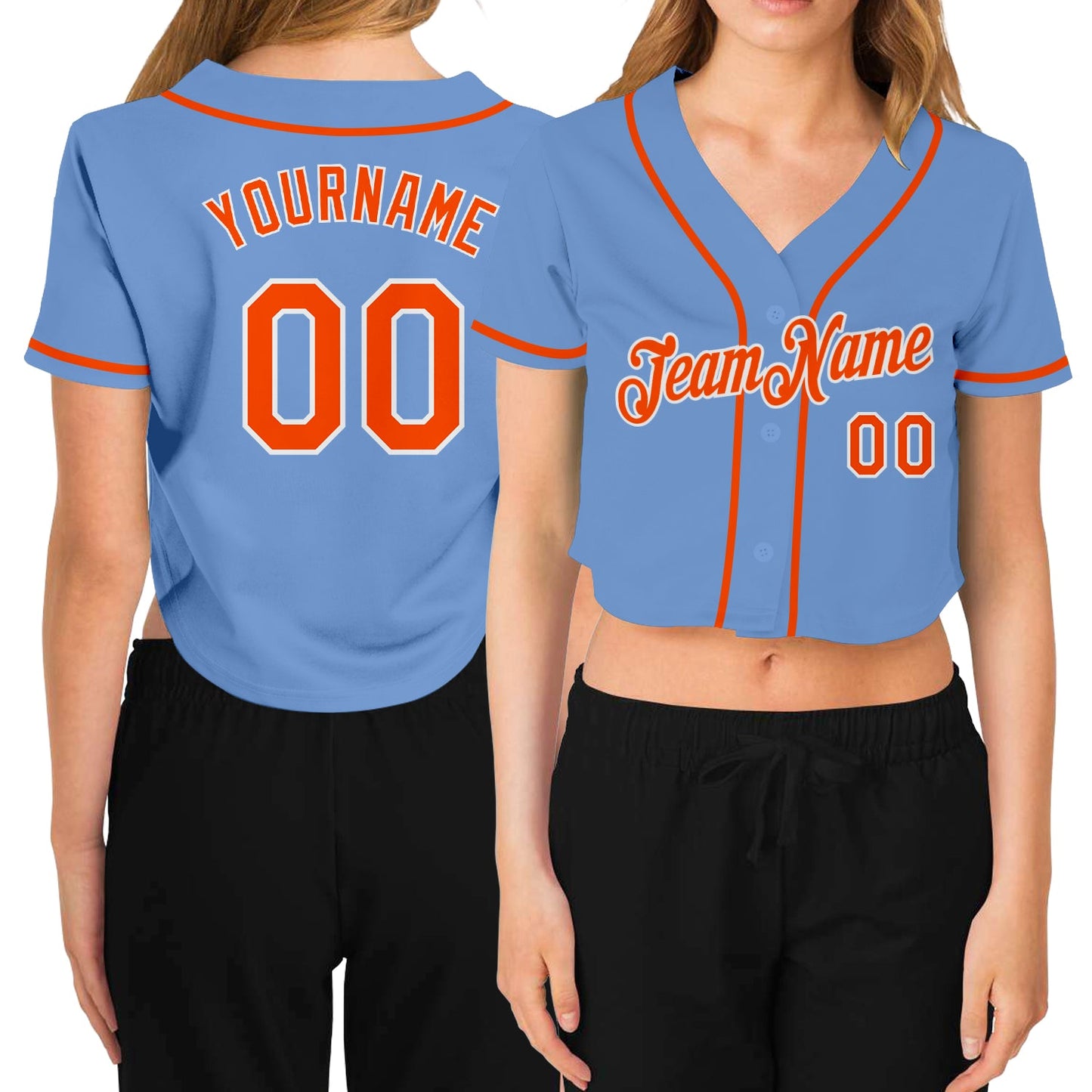 Custom Women's Light Blue Orange-White V-Neck Cropped Baseball Jersey - Main View