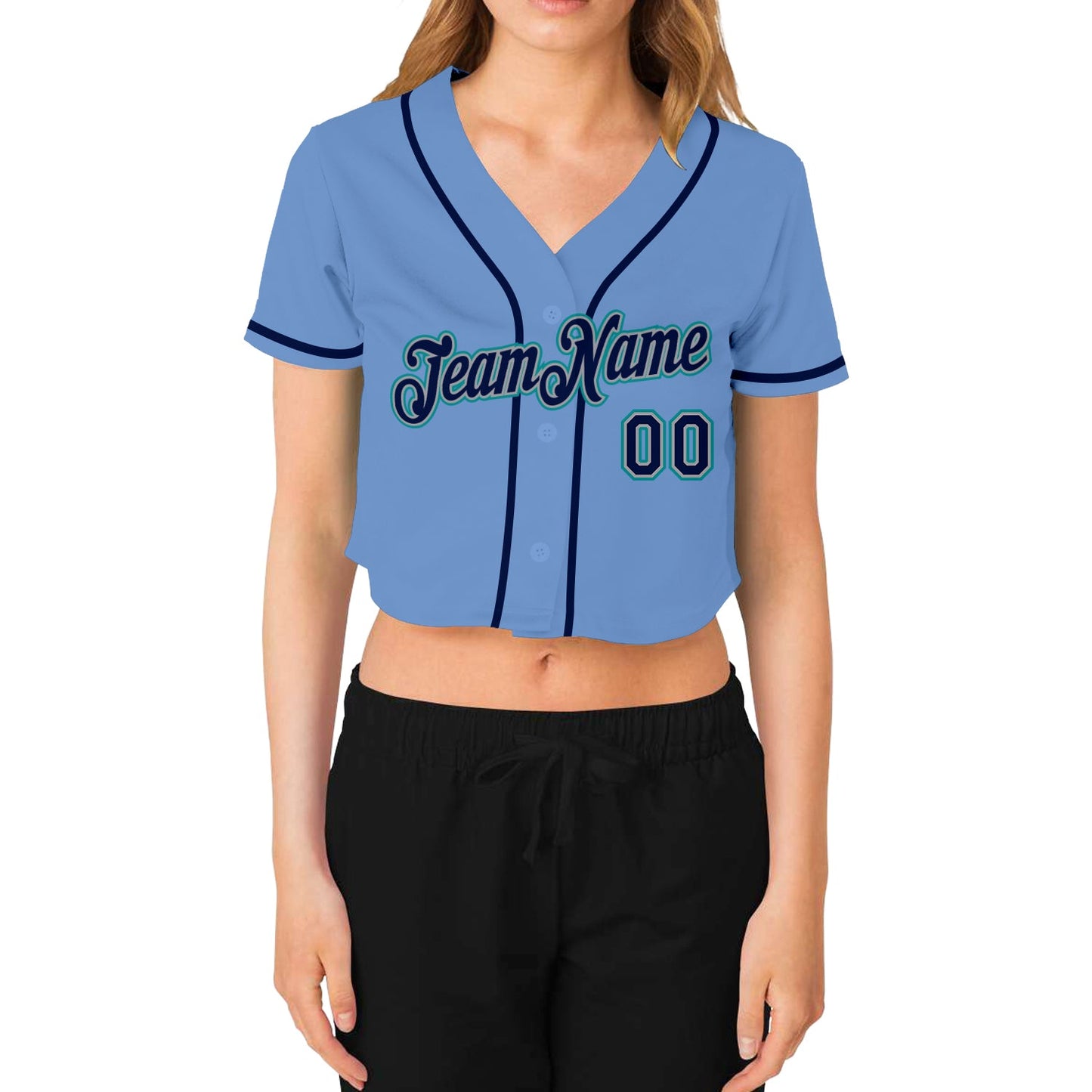 Custom Women's Light Blue Navy Gray-Aqua V-Neck Cropped Baseball Jersey view 2