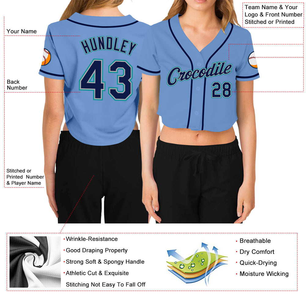 Custom Women's Light Blue Navy Gray-Aqua V-Neck Cropped Baseball Jersey view 3
