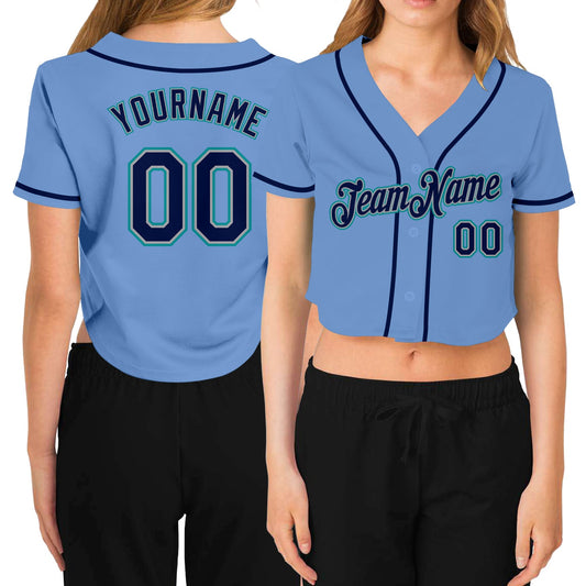 Custom Women's Light Blue Navy Gray-Aqua V-Neck Cropped Baseball Jersey - Main View