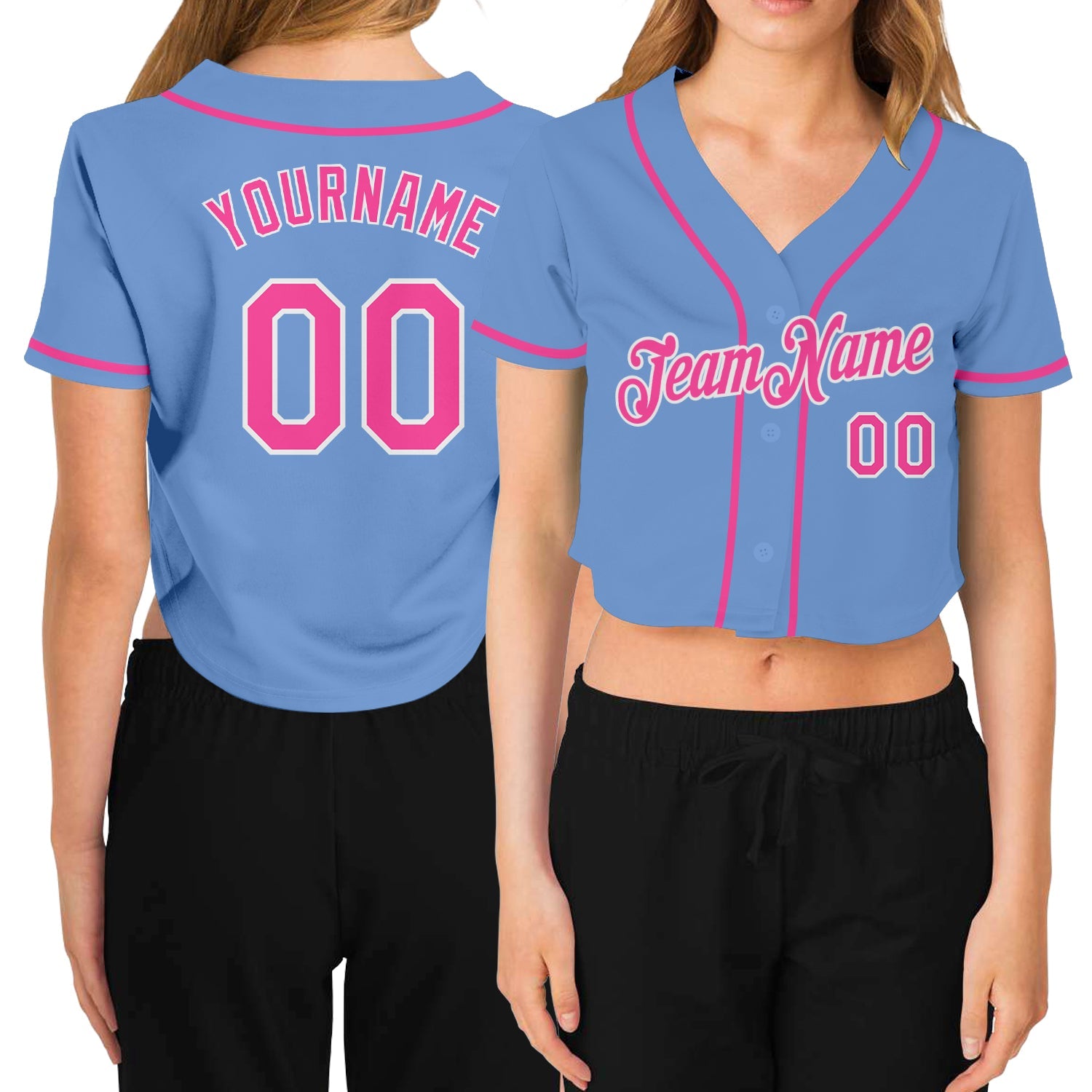 Custom Women's Light Blue Pink-White V-Neck Cropped Baseball Jersey - Main View