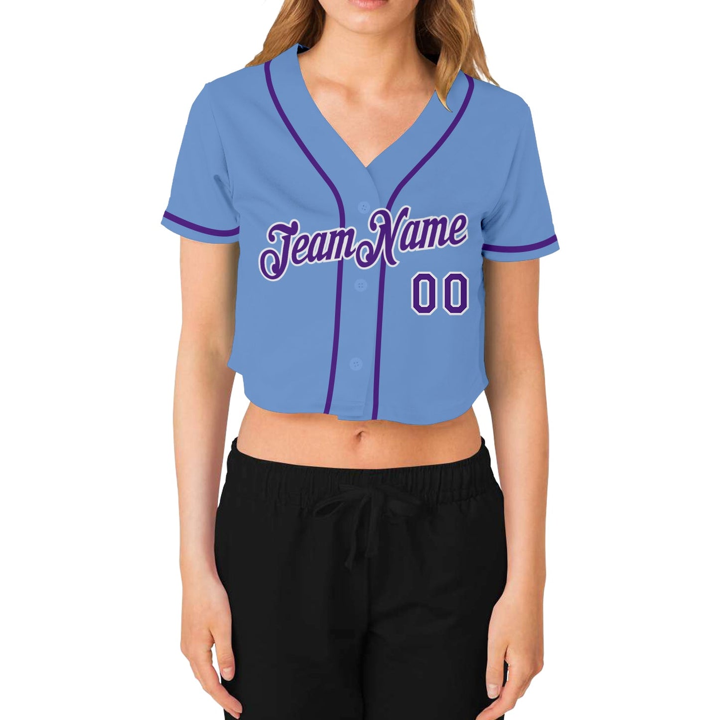 Custom Women's Light Blue Purple-White V-Neck Cropped Baseball Jersey view 2