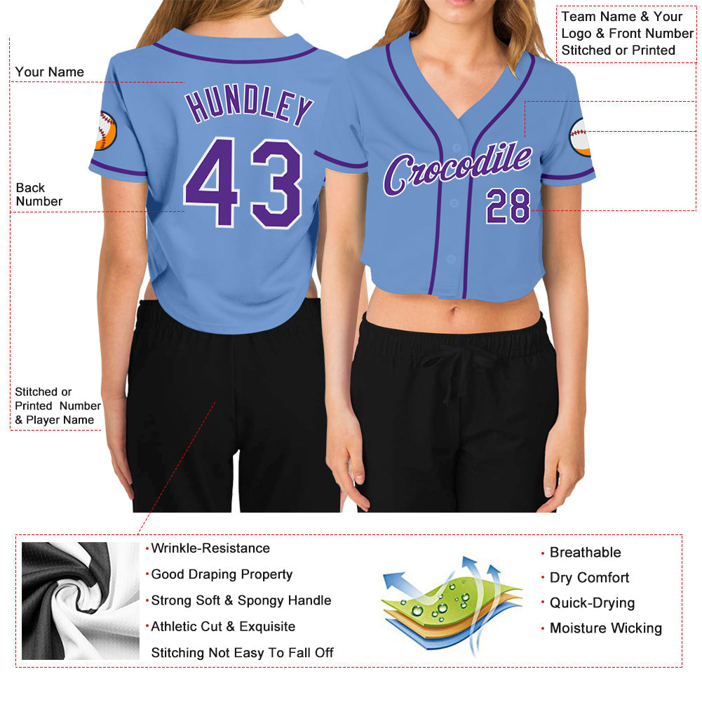 Custom Women's Light Blue Purple-White V-Neck Cropped Baseball Jersey view 3