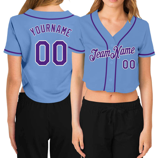 Custom Women's Light Blue Purple-White V-Neck Cropped Baseball Jersey - Main View
