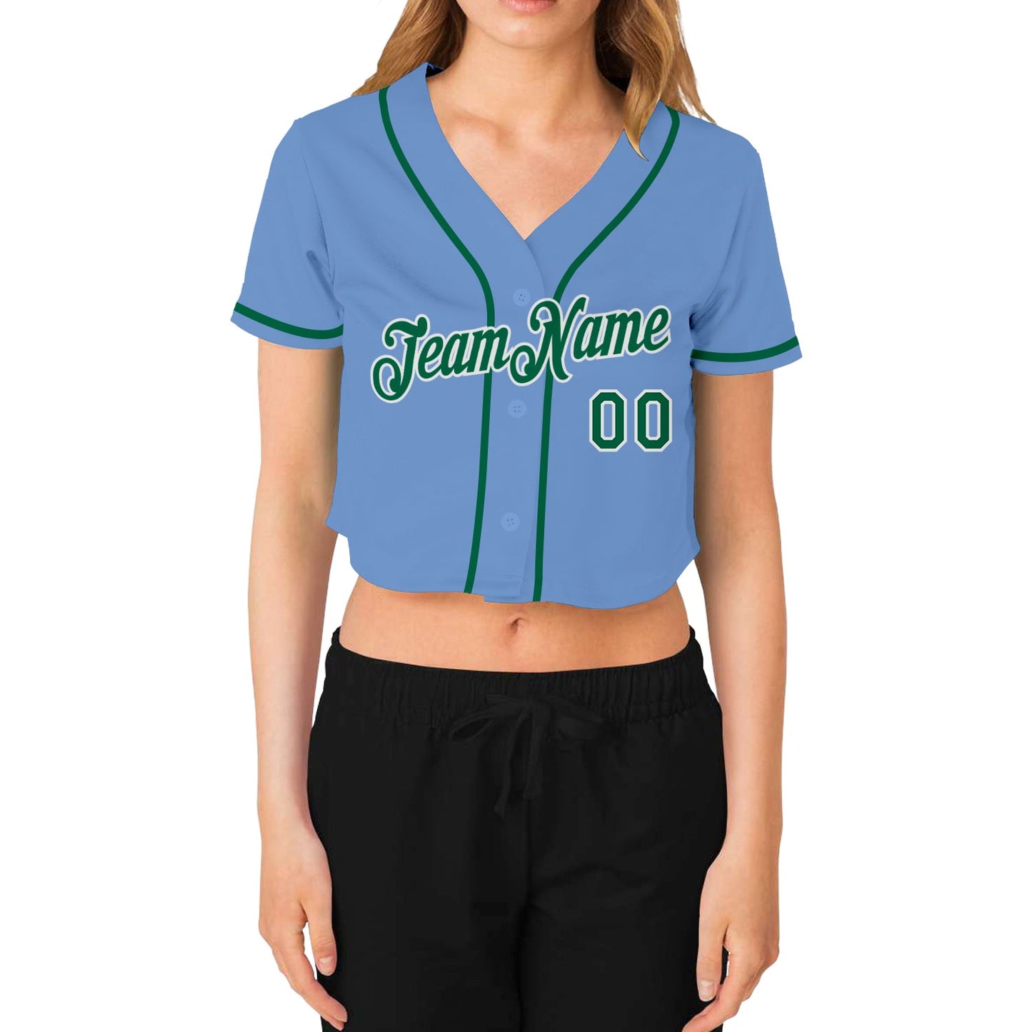 Custom Women's Light Blue Kelly Green-White V-Neck Cropped Baseball Jersey view 2